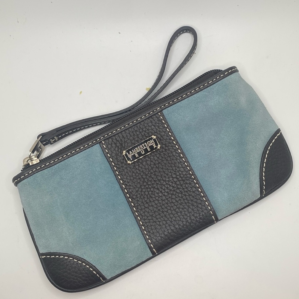 Lambertson Truex exclusive for Bloomington brown Leather & blue Suede Wristlet